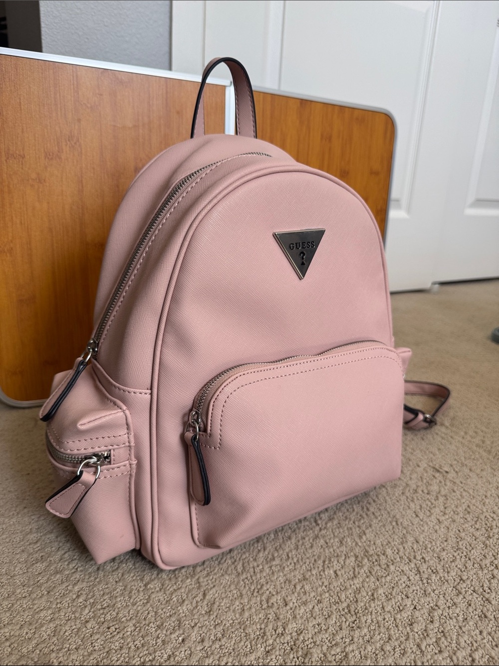 GUESS Pink Saffiano Mini Backpack with Silver Logo